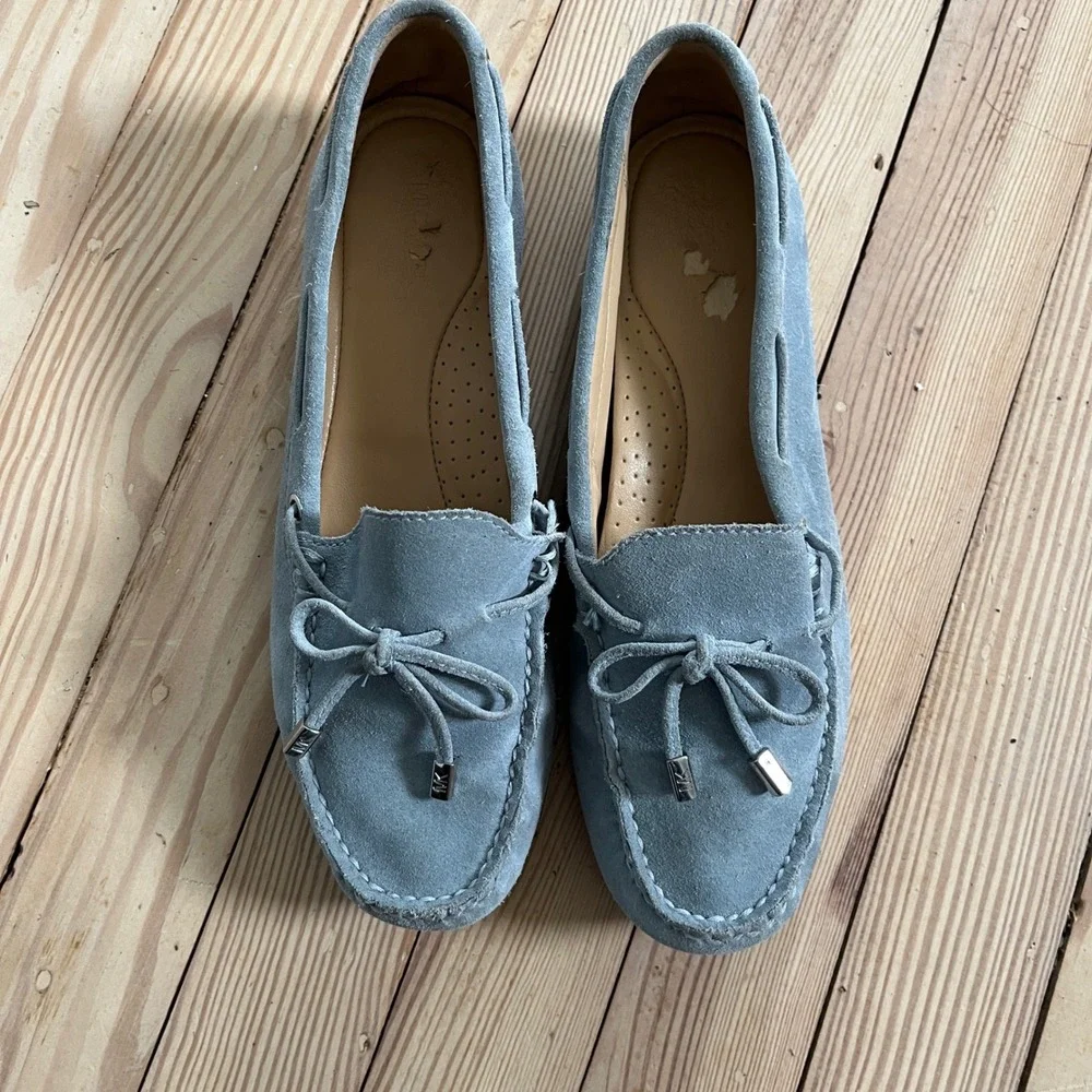 Michael Kors‎ Sutton Suede Moccasins Blue Grey Loafers Silver Hardware MG18C 8M